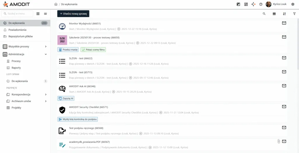 AMODIT To-Do list showing assigned cases in the current interface
