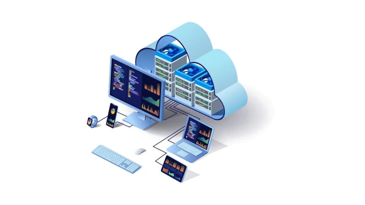 Illustration of servers and devices representing file migration
