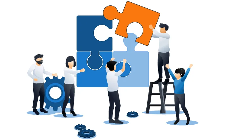 Multi-company approval matrix Illustration of a team assembling connected pieces for a multi-company workflow