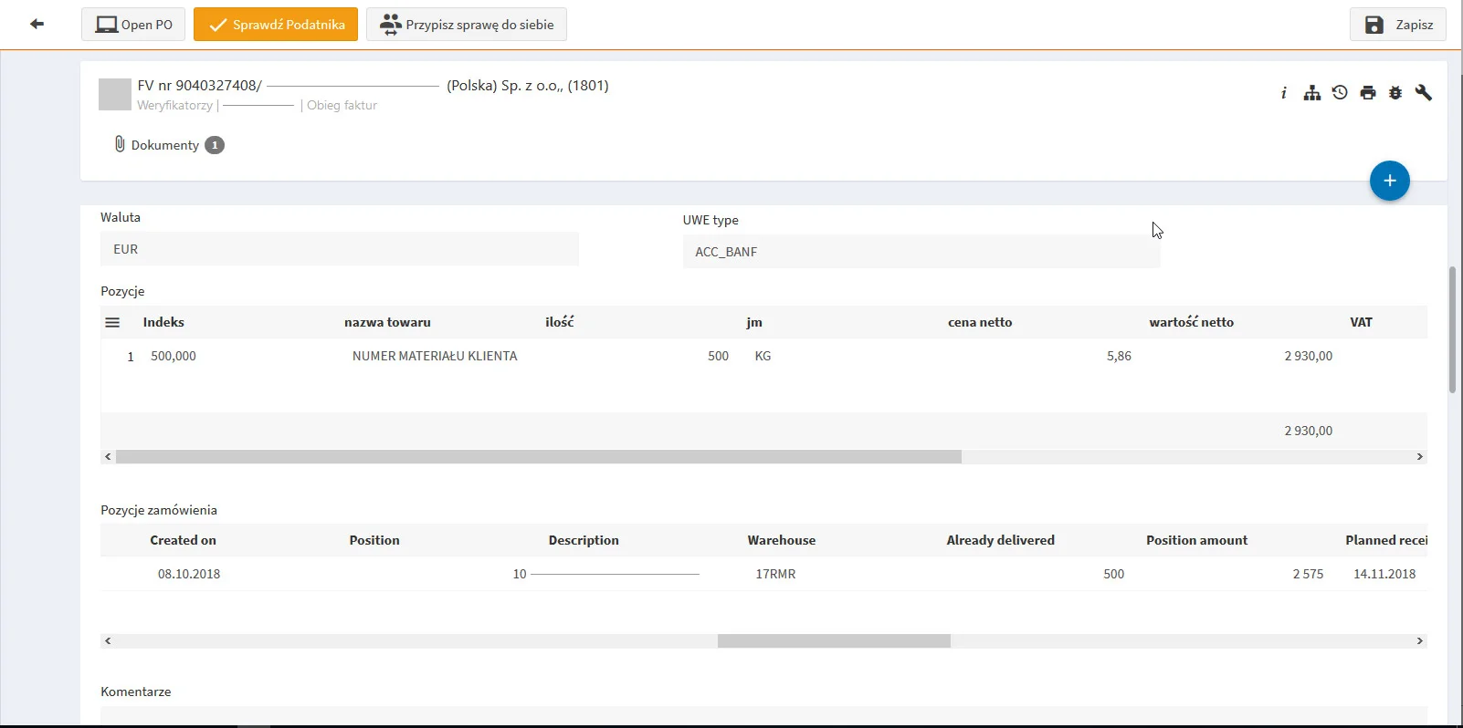 AMODIT case comparing an invoice with purchase order data from the ERP