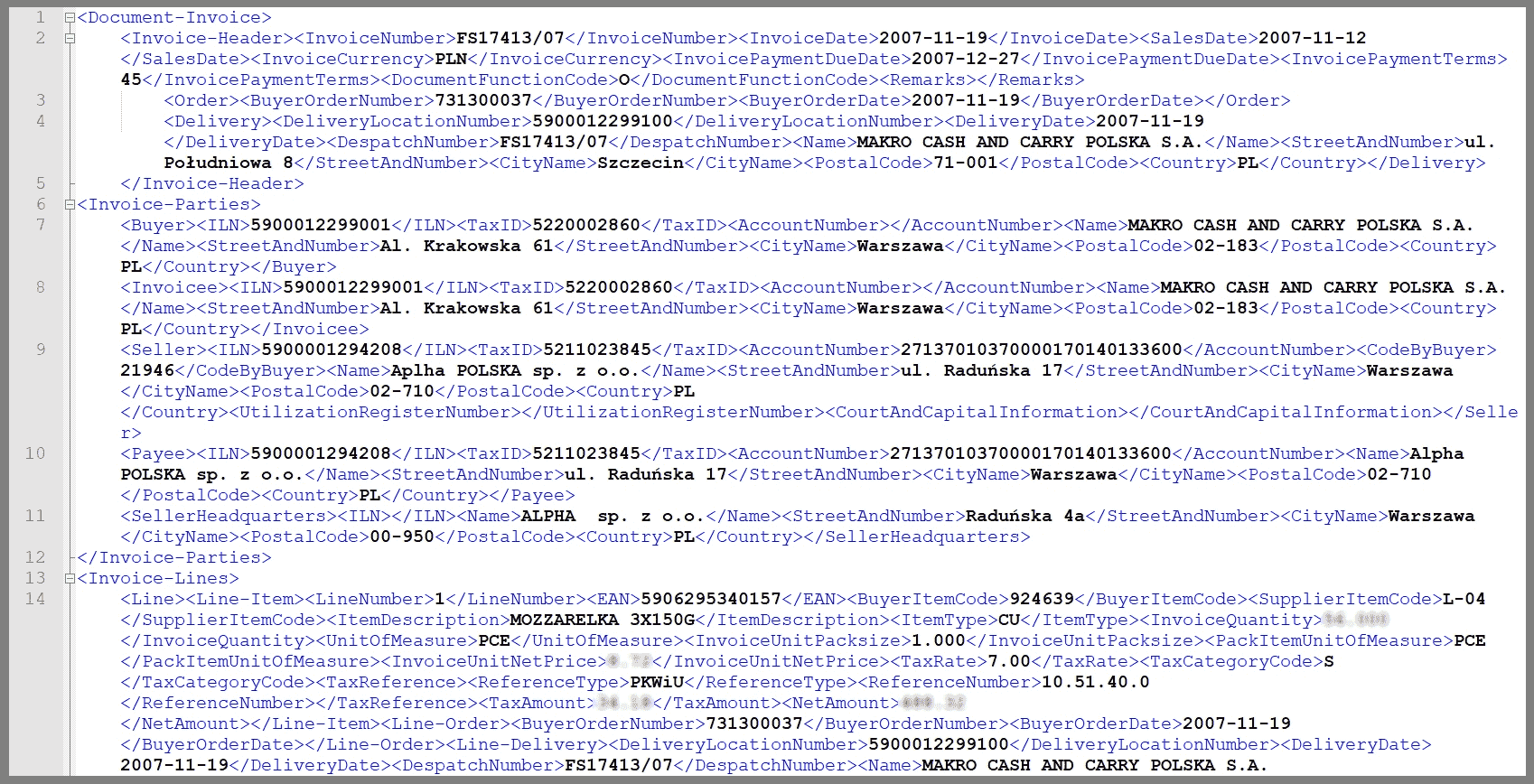 Historical technical screenshot showing structured electronic invoice data