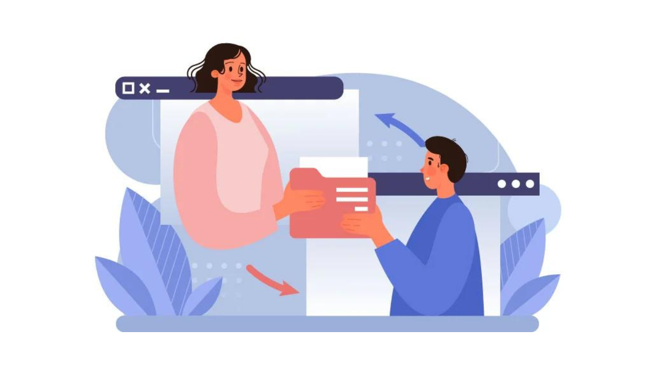 Illustration of two people transferring a task between browser windows