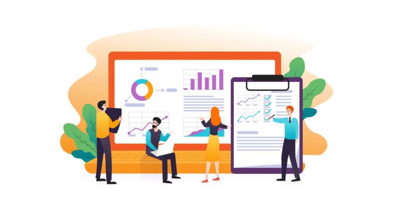 Illustration of teams working with reports on desktop and mobile screens