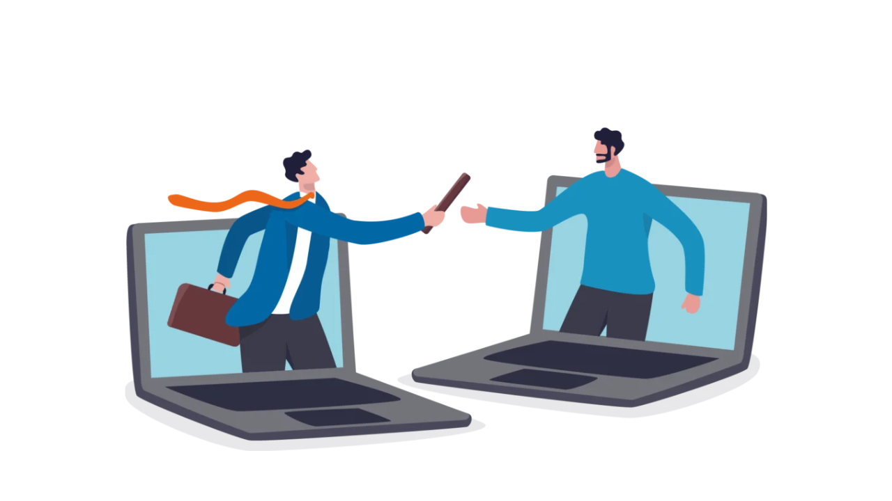 Illustration of colleagues handing work between two laptops during an absence