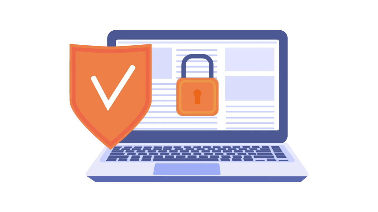 Illustration of a protected laptop with a shield and padlock