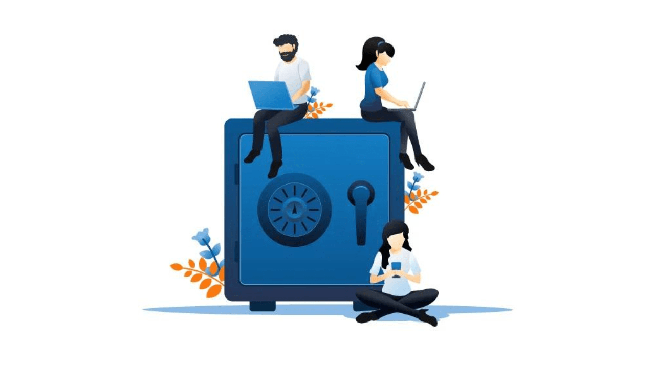 AMODIT license codes Illustration of people working around a secure vault for AMODIT license codes