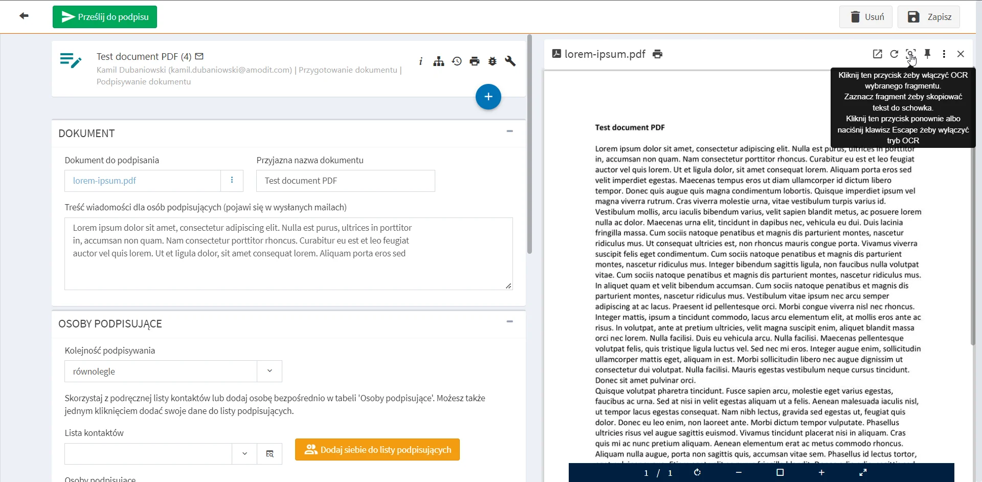 Historical AMODIT case view with a document preview and the Local OCR selection tool