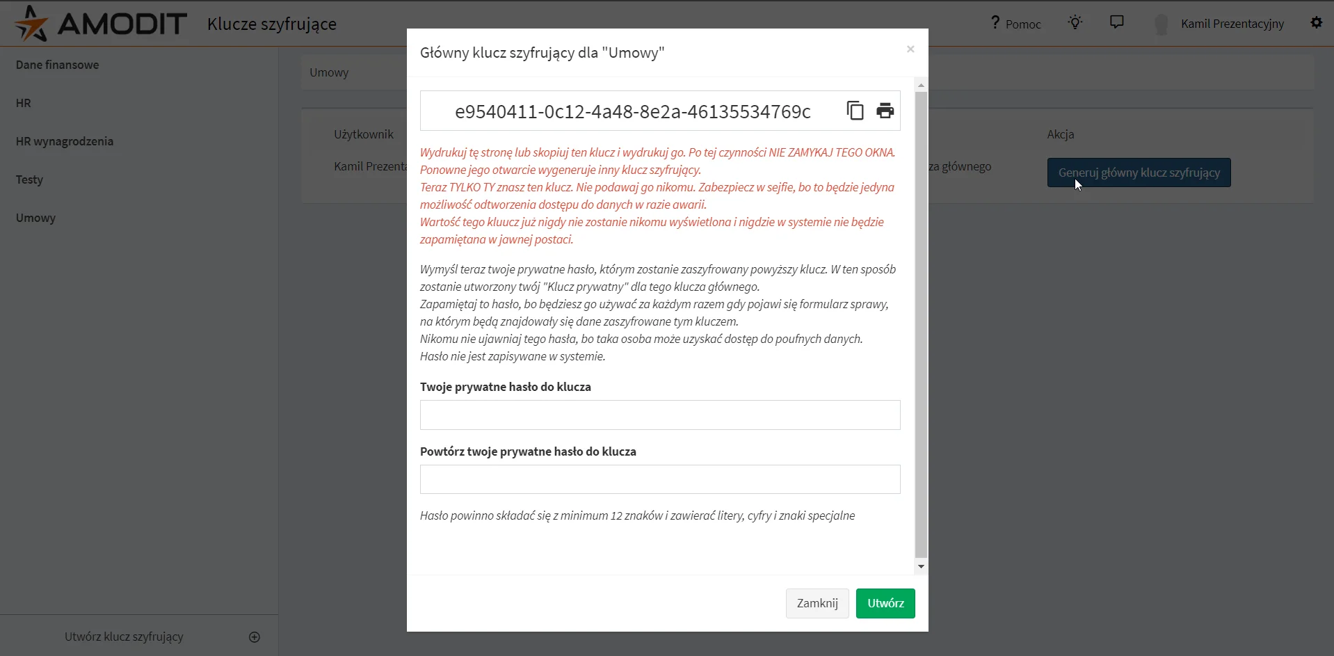 Historical AMODIT screen for configuring an encryption key and authorized users