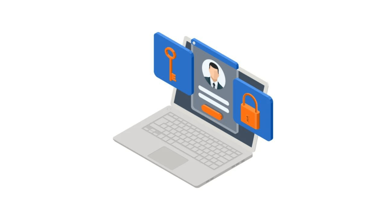 Illustration of identity cards protected by a padlock on a laptop