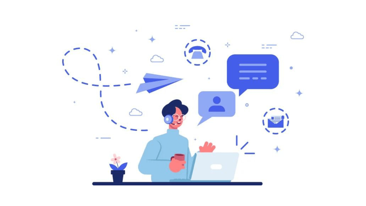 Illustration of a service employee handling messages and SMS communication