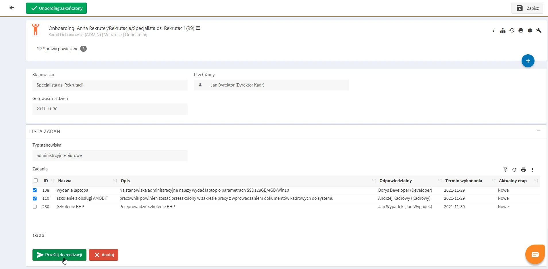 Historical AMODIT onboarding case with a report of related tasks