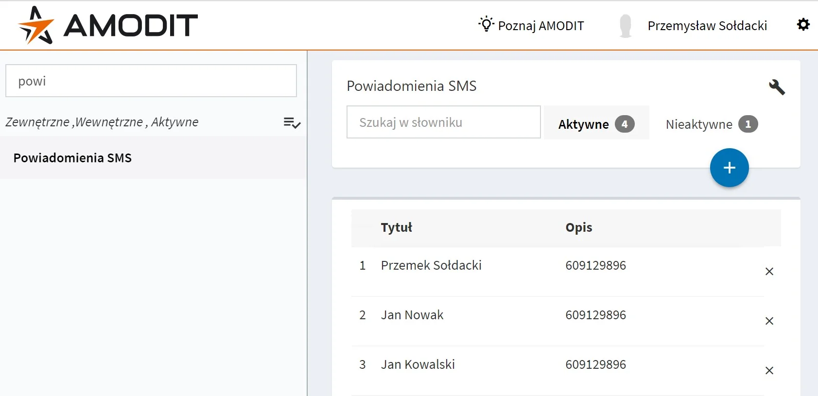 AMODIT directory of SMS notification recipients