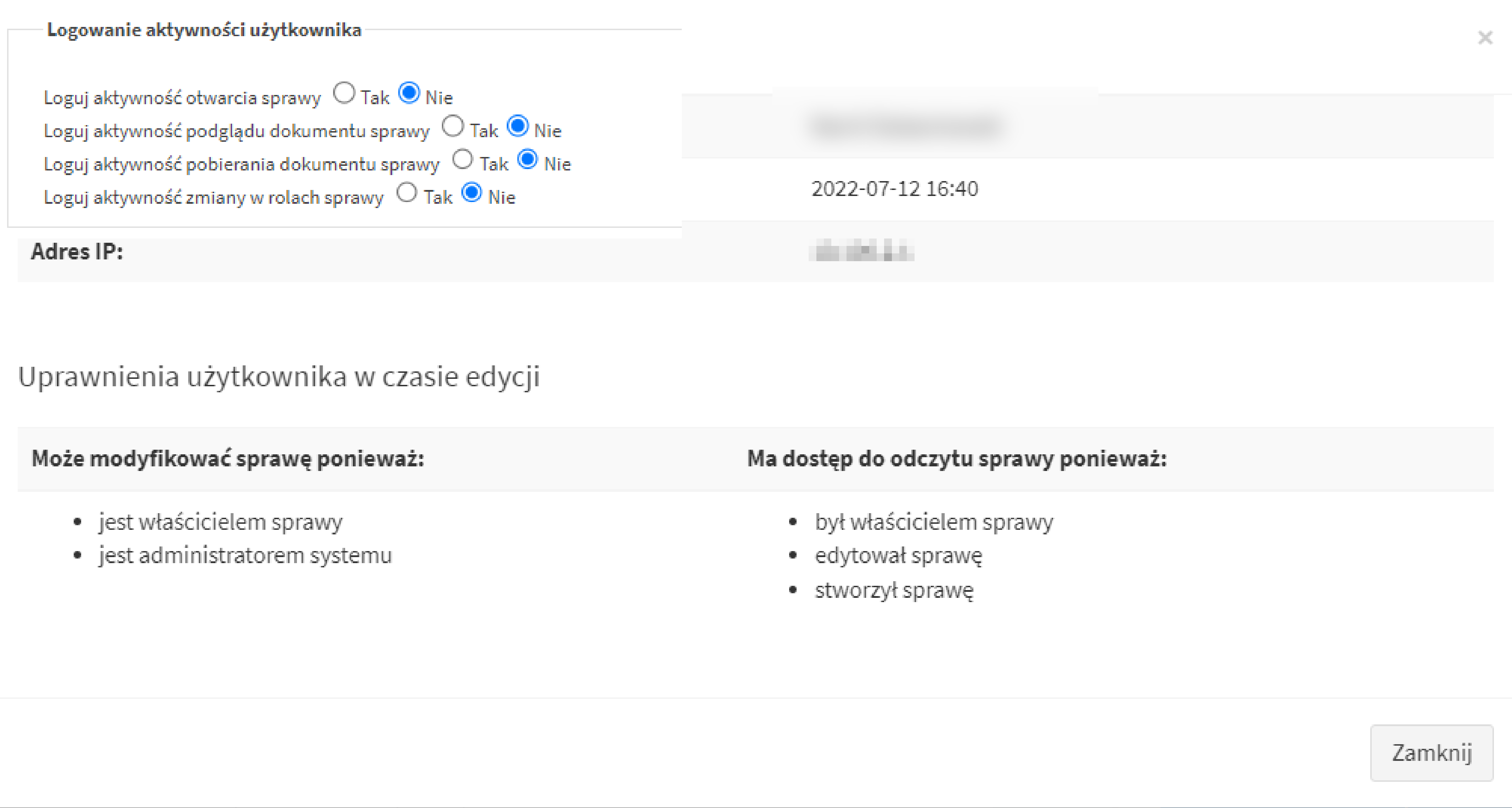 Historical AMODIT screen with user context and permissions at the time of an edit