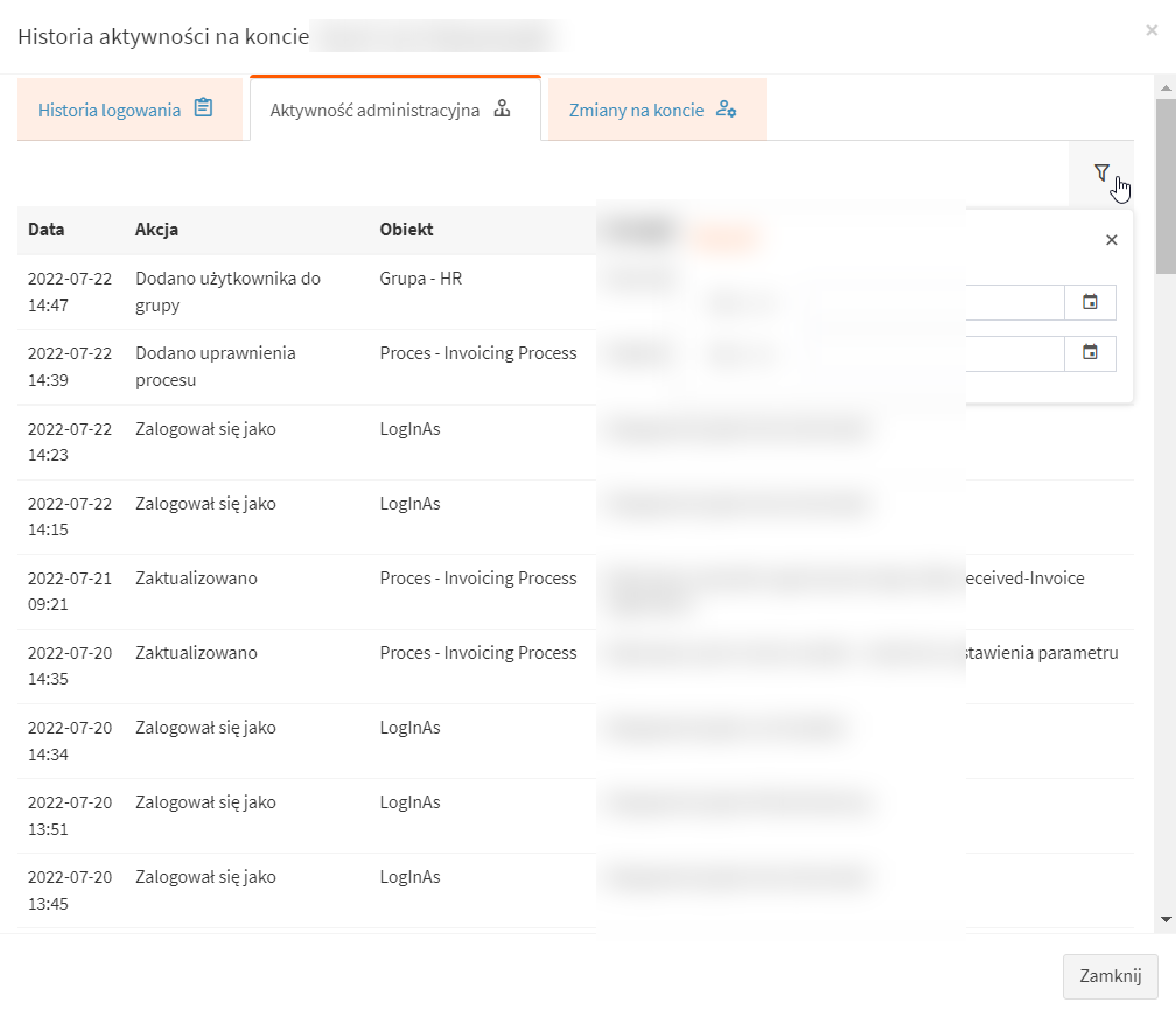 Historical AMODIT table of administrative actions with filters