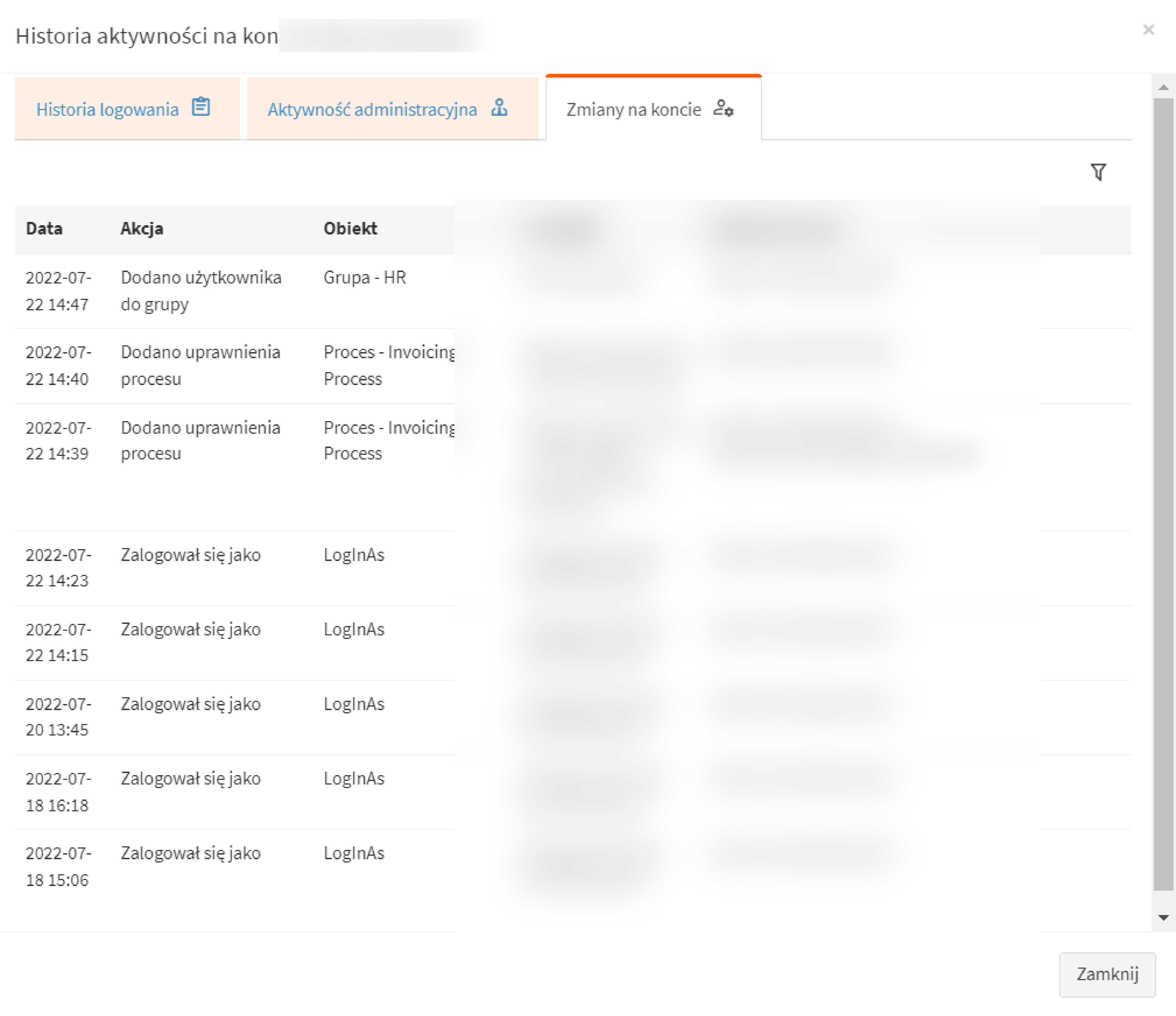Historical AMODIT table of permission and group changes for an account