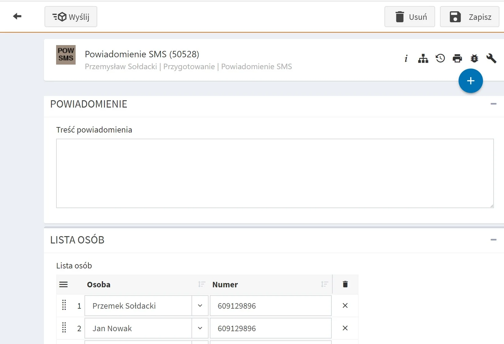 AMODIT form for composing an SMS and selecting recipients