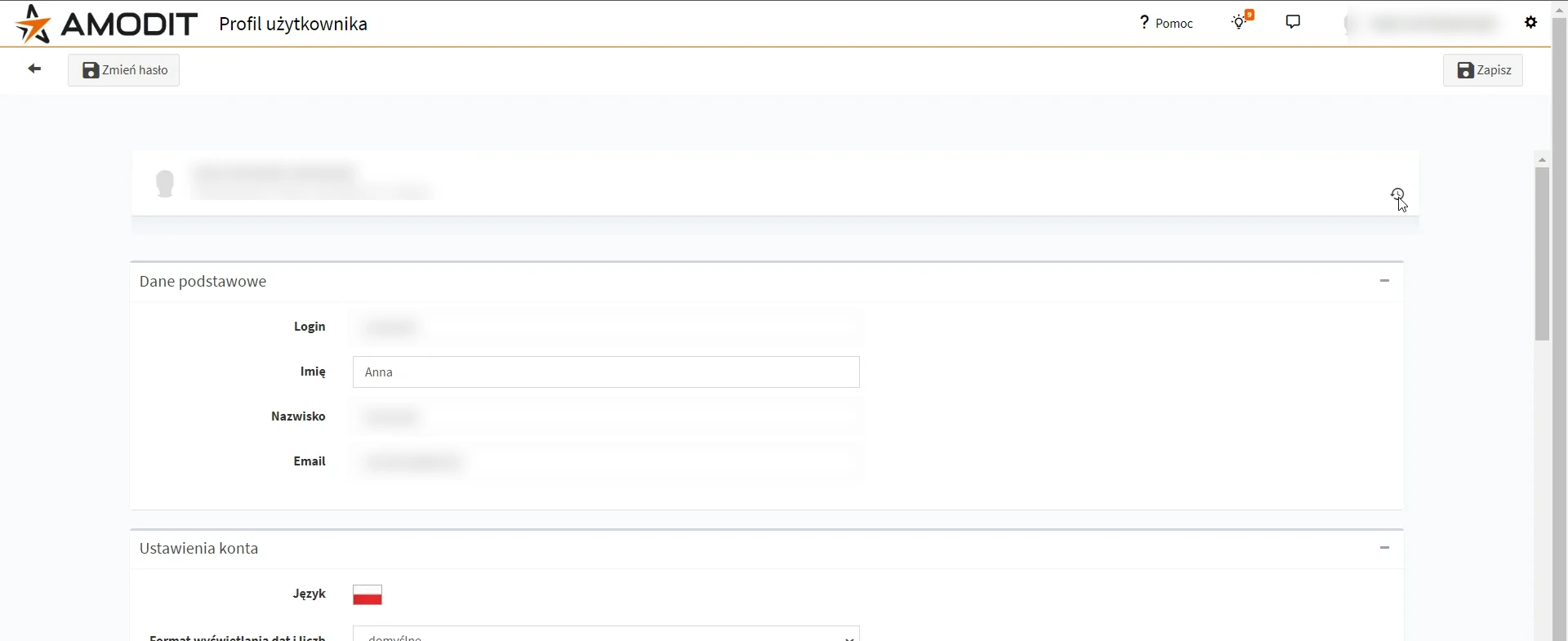 Historical AMODIT user profile with access to activity history
