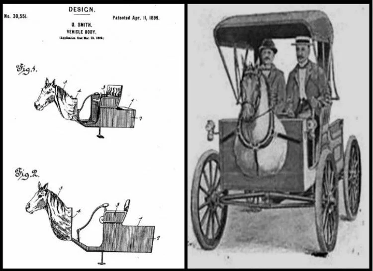 Historical illustrations comparing a horseless carriage concept with an early automobile
