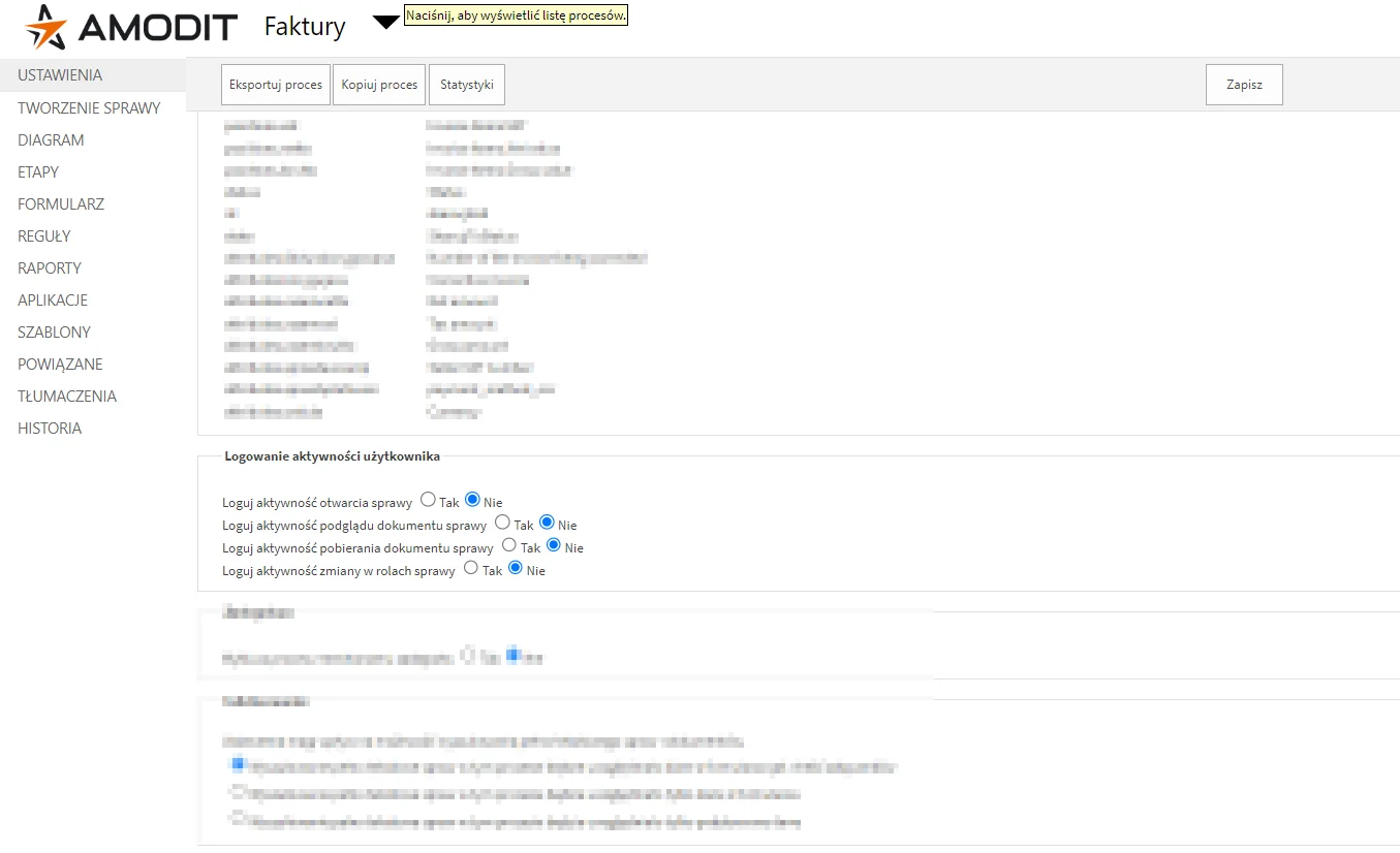 Historical AMODIT settings for selecting recorded user events