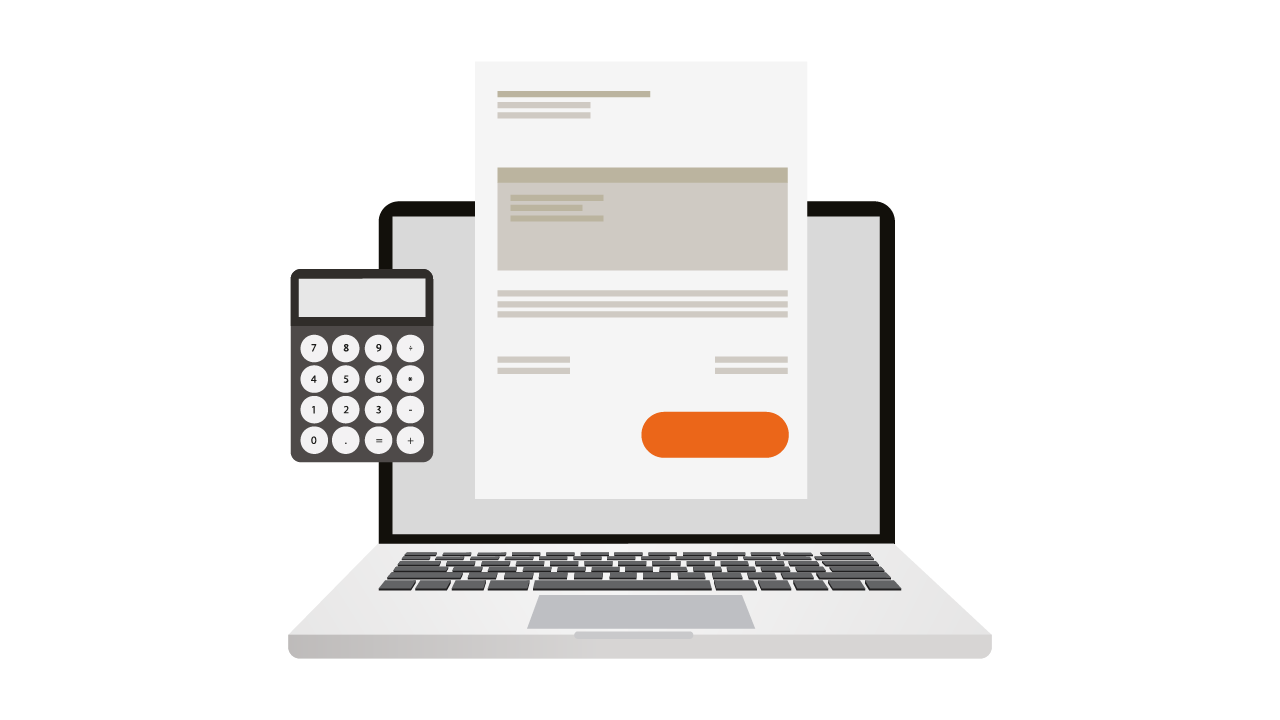 Illustration of an invoice displayed on a laptop next to a calculator