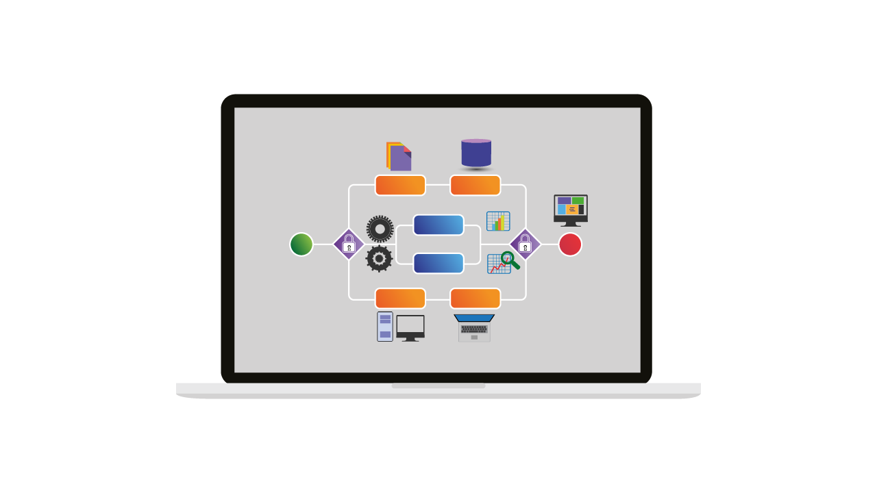 Business process workflow modeled on a laptop screen