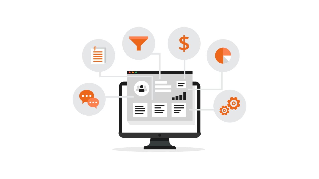 Computer surrounded by symbols representing workflow states and decisions