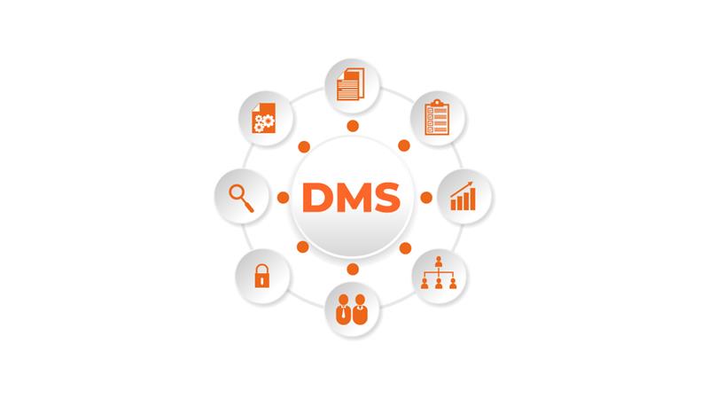 DMS symbol connected to search, security, analytics and document functions