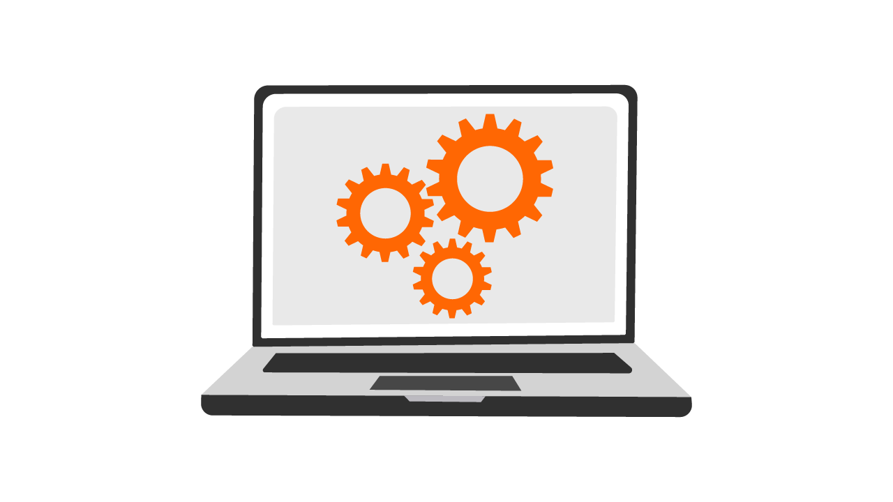Illustration of orange gears on a laptop representing business process automation