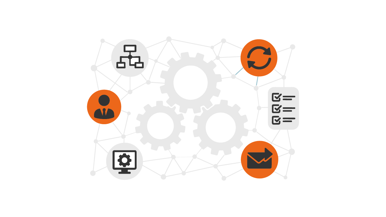 Business automation benefits Illustration of connected business tasks around automation gears