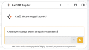 AMODIT Copilot interface creating a correspondence workflow from a natural-language prompt