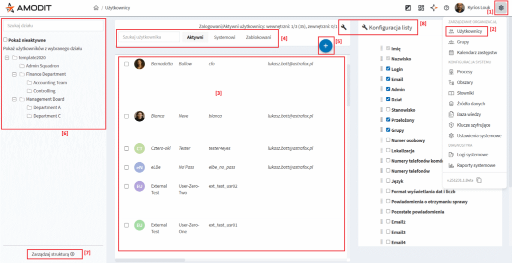 AMODIT user-management list with search, filters and organizational structure controls