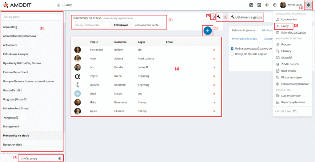 AMODIT group-management view with membership, parameters and change history
