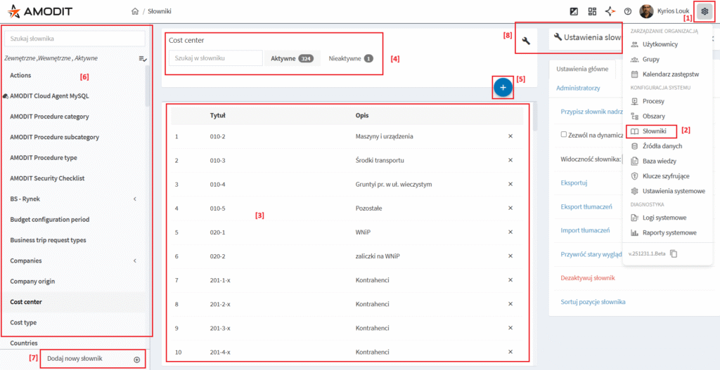 AMODIT dictionary administration with item list, filters and dictionary settings