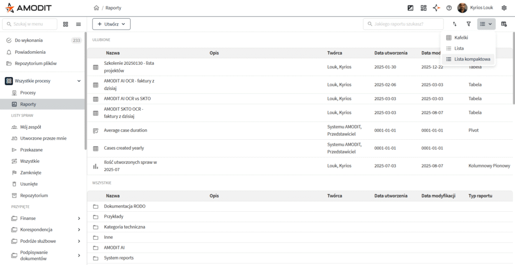 AMODIT lists and reports with separate filters and presentation modes
