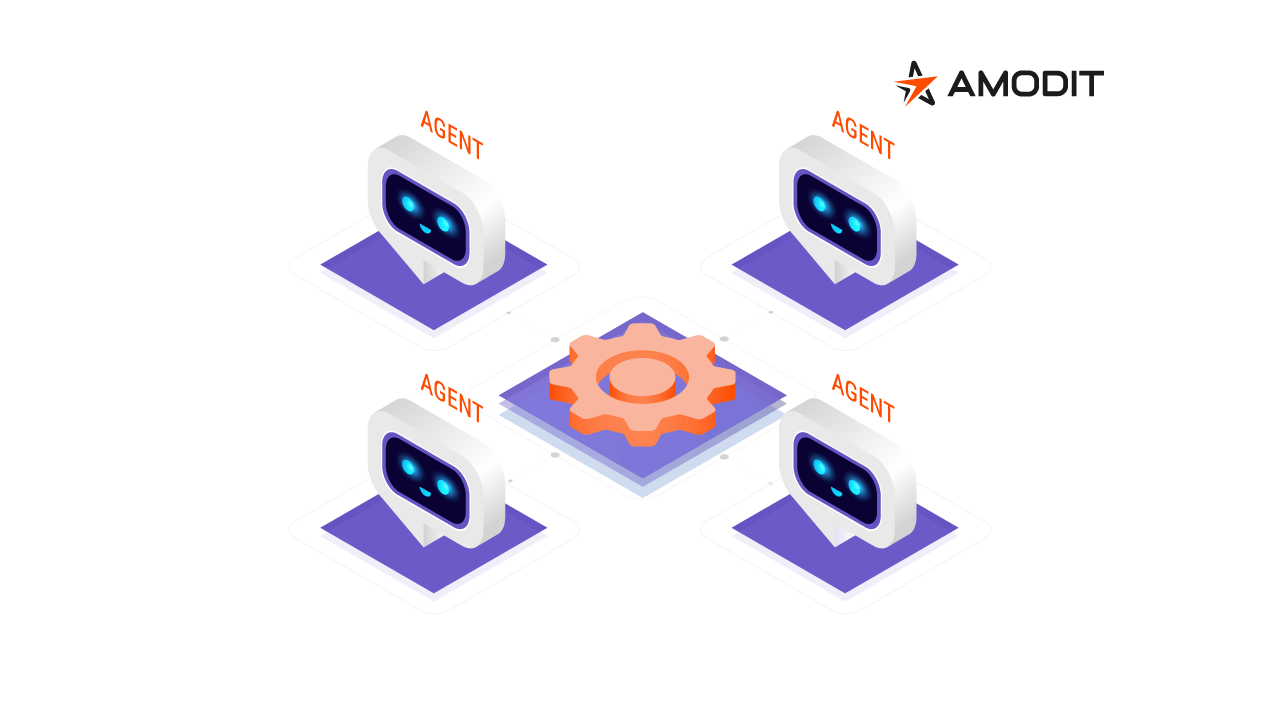 AI agents Illustration of several AI agents connected to a central workflow