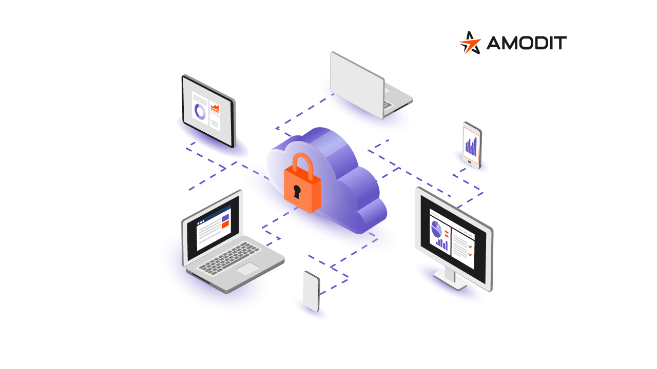 Illustration of a secured cloud connecting business devices