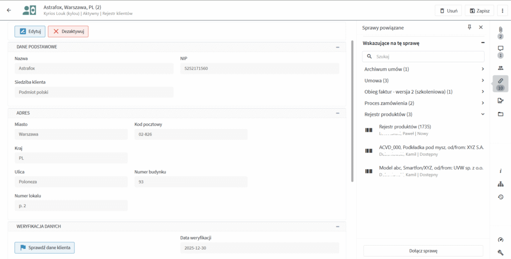 Organized AMODIT case form with grouped fields and actions