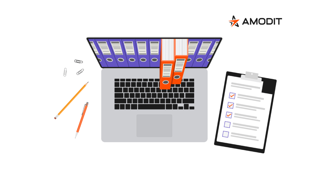 Digital document workflow with files organized around a laptop
