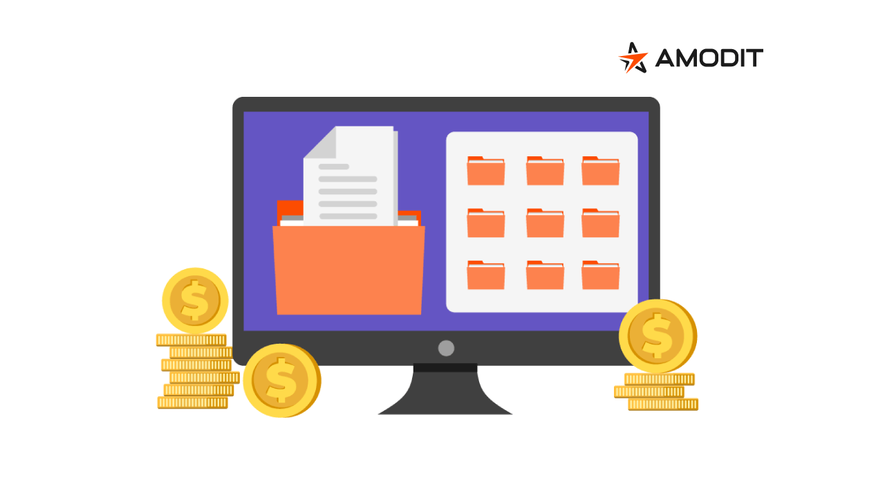 Illustration of a digital document repository surrounded by cost symbols