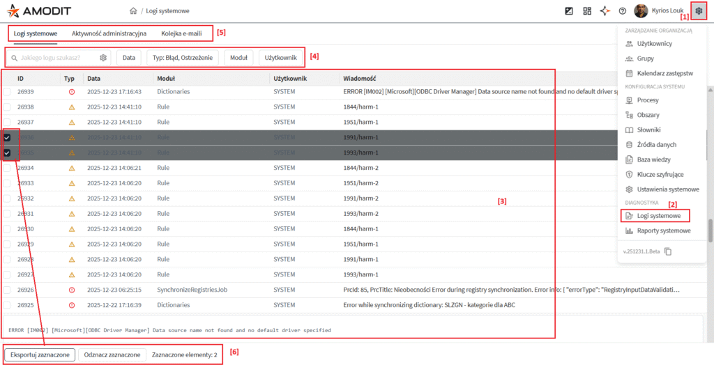 AMODIT system logs with filters, activity tabs and export controls