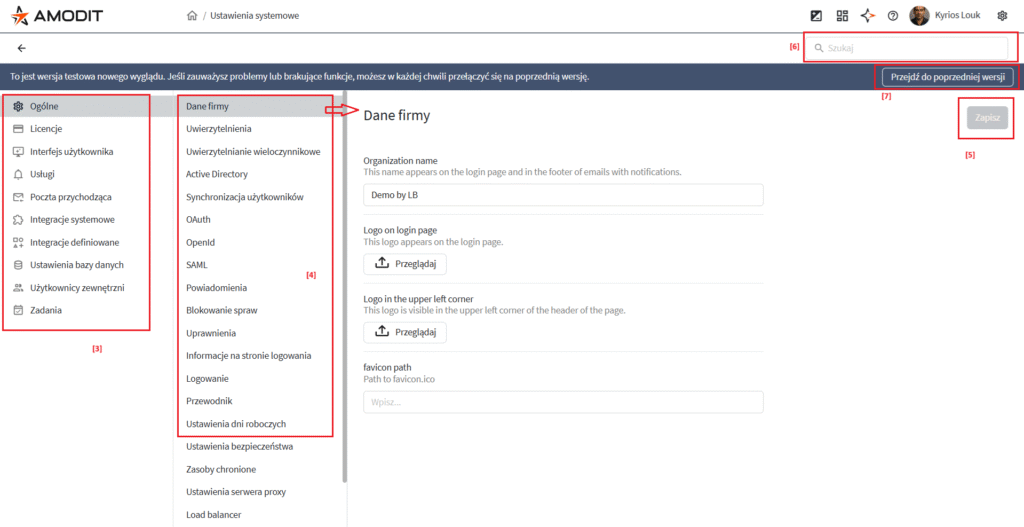 AMODIT configuration parameters organized into tabs and sections