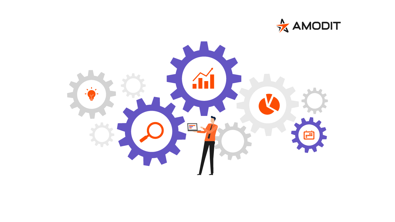 Seven workflows beyond invoices AMODIT illustration of people and gears representing connected business workflows