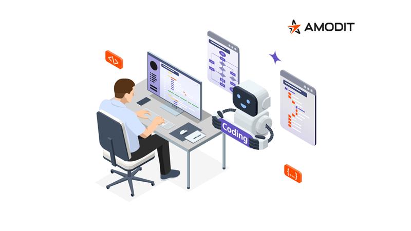 Low-code and AI Illustration of a developer using AI assistance to build business software