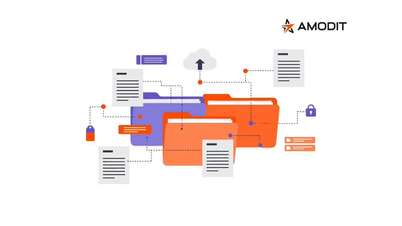 Document management systems AMODIT illustration of documents connected to a central digital folder